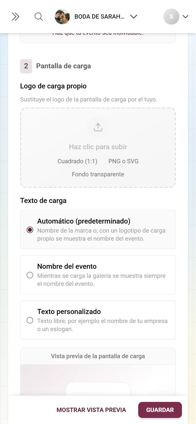 Bloque 2 Pantalla de carga con la zona para soltar el logo y las tres opciones del texto de carga