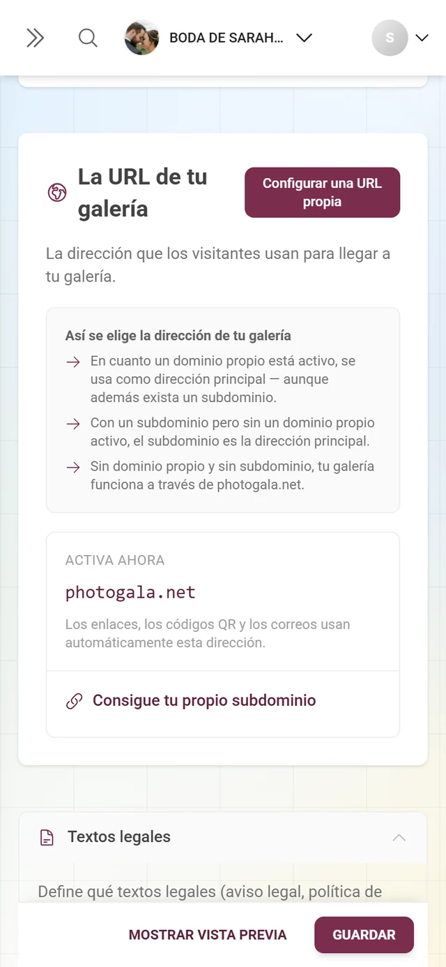 Sección La URL de tu galería con la dirección actual