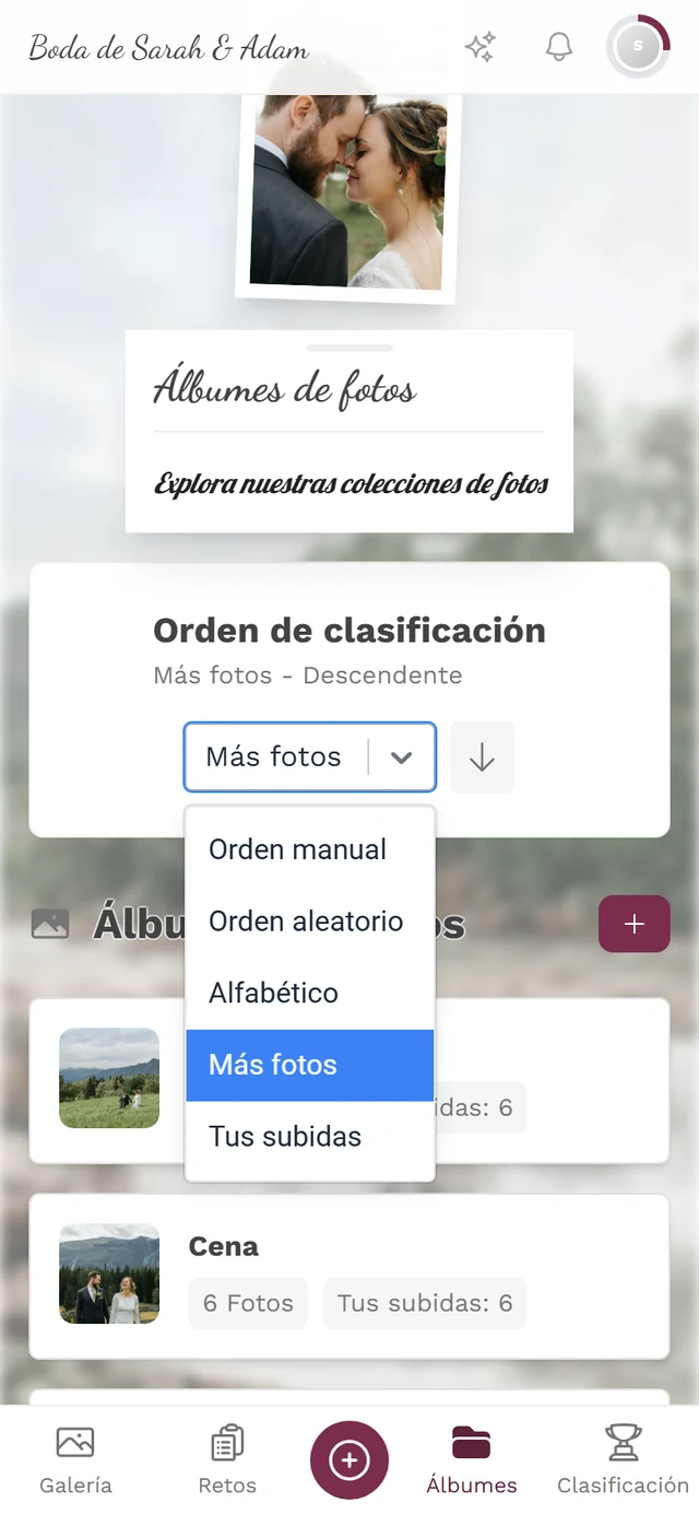 Desplegable de orden abierto con las cinco opciones