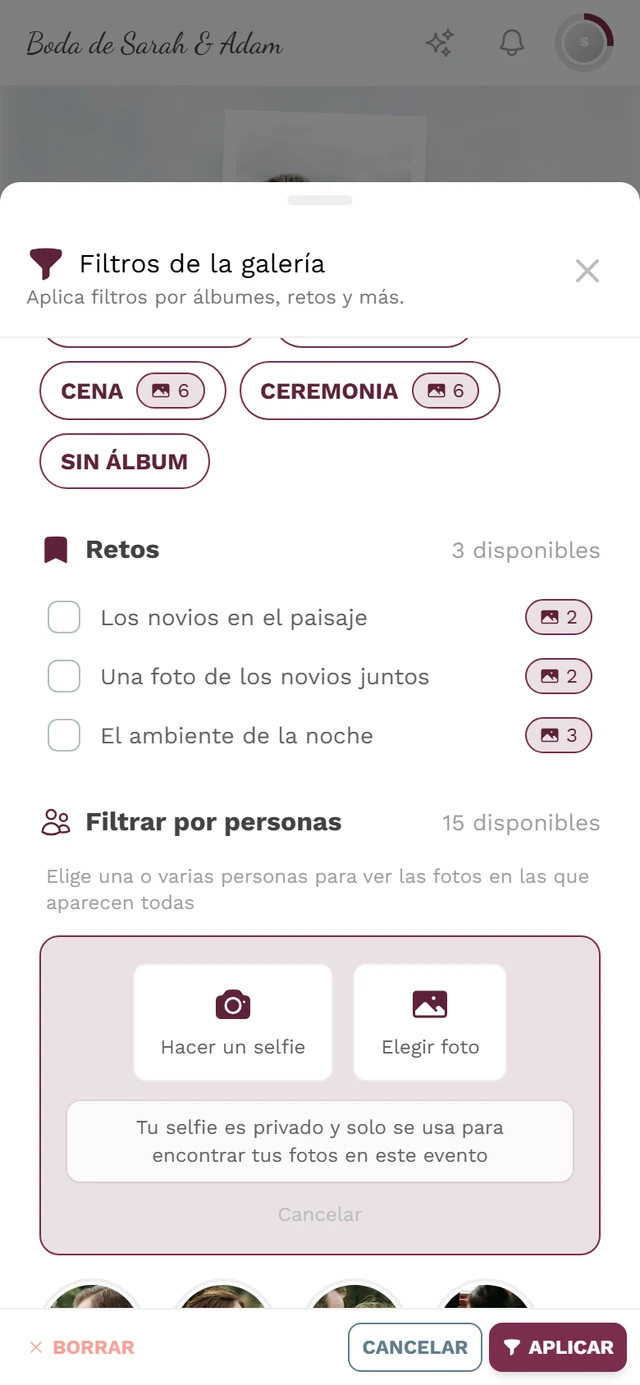 Selección de origen de Encuéntrame con los botones Hacer un selfie y Elegir foto, además del aviso de privacidad