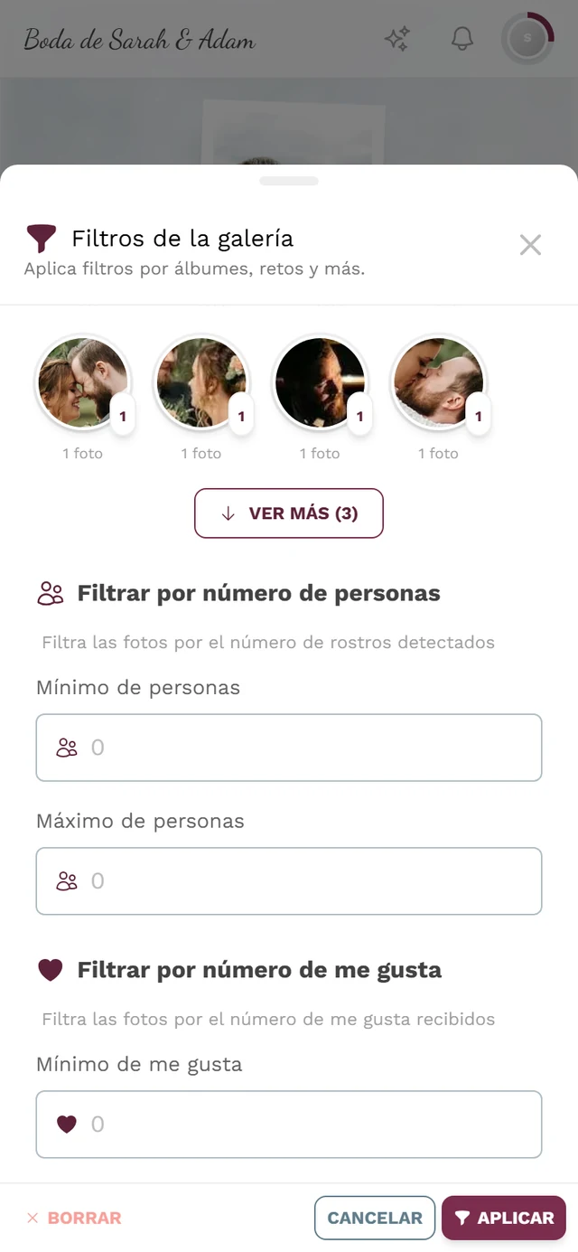 Apartado de filtro Filtrar por número de personas con los campos Mínimo y Máximo de personas