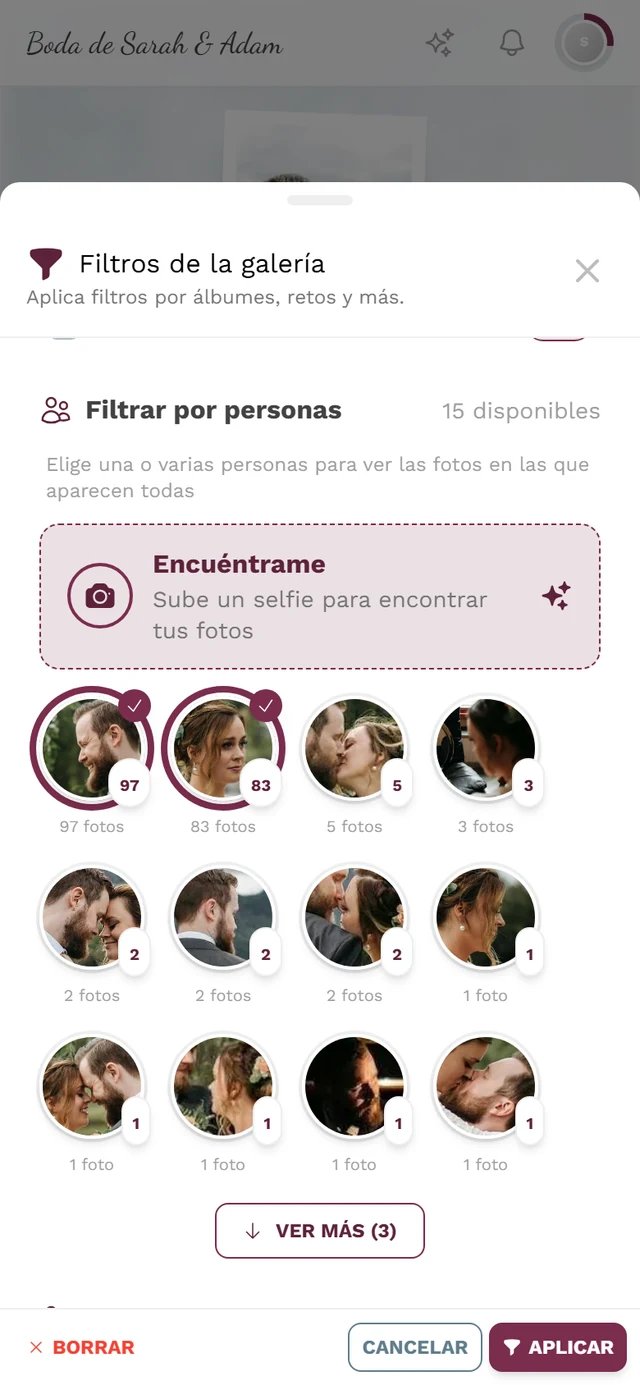 Casillas de personas en el filtro de la galería, dos de ellas seleccionadas con anillo y casilla de verificación