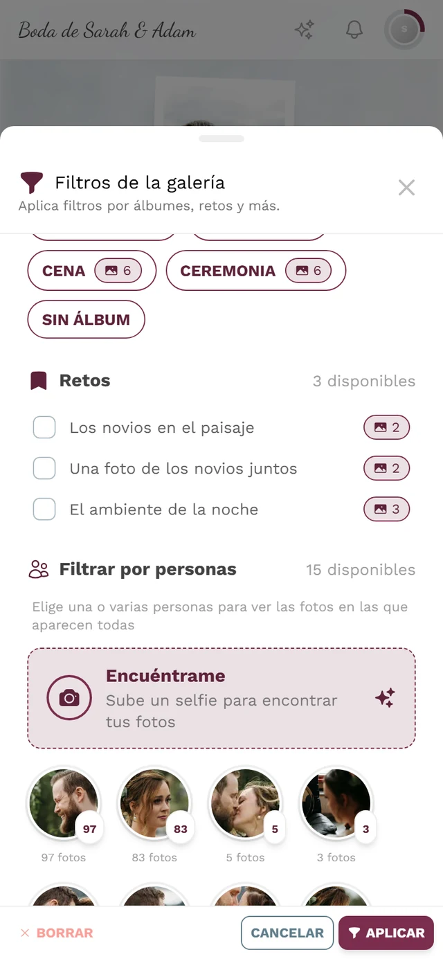 Selección de personas y rostros en el filtro