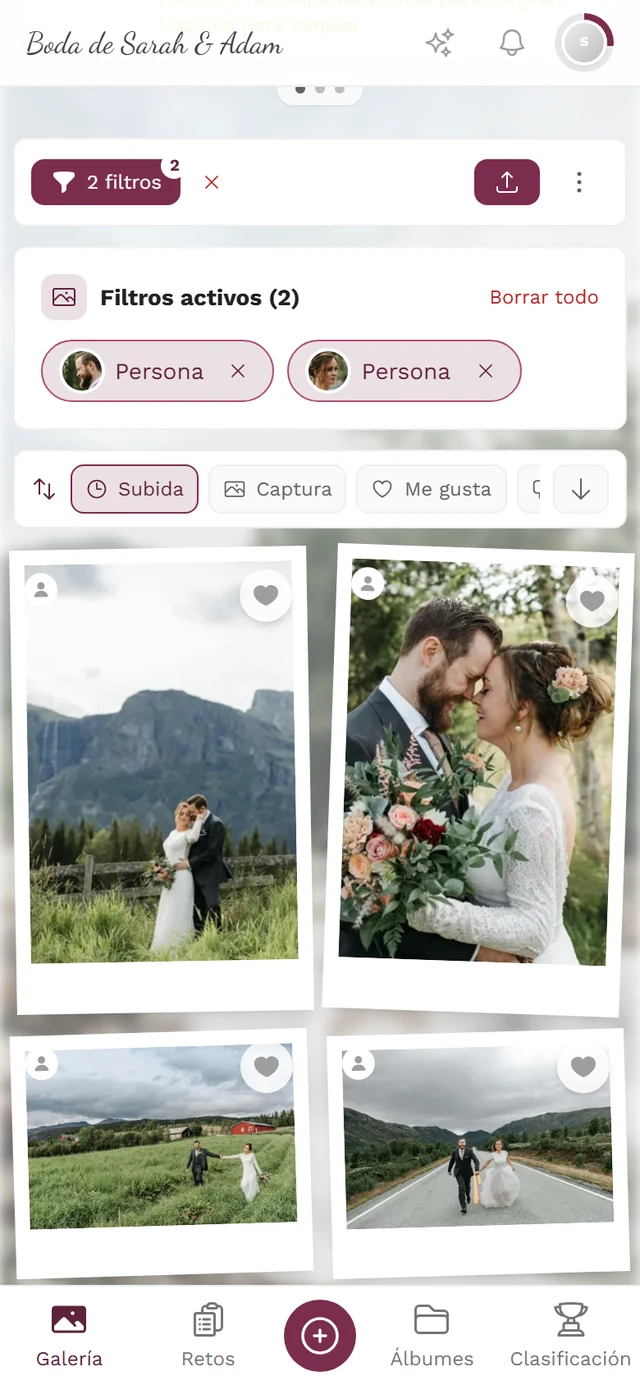 Recuadro Filtros activos sobre la galería con dos chips de personas y el enlace Borrar todo