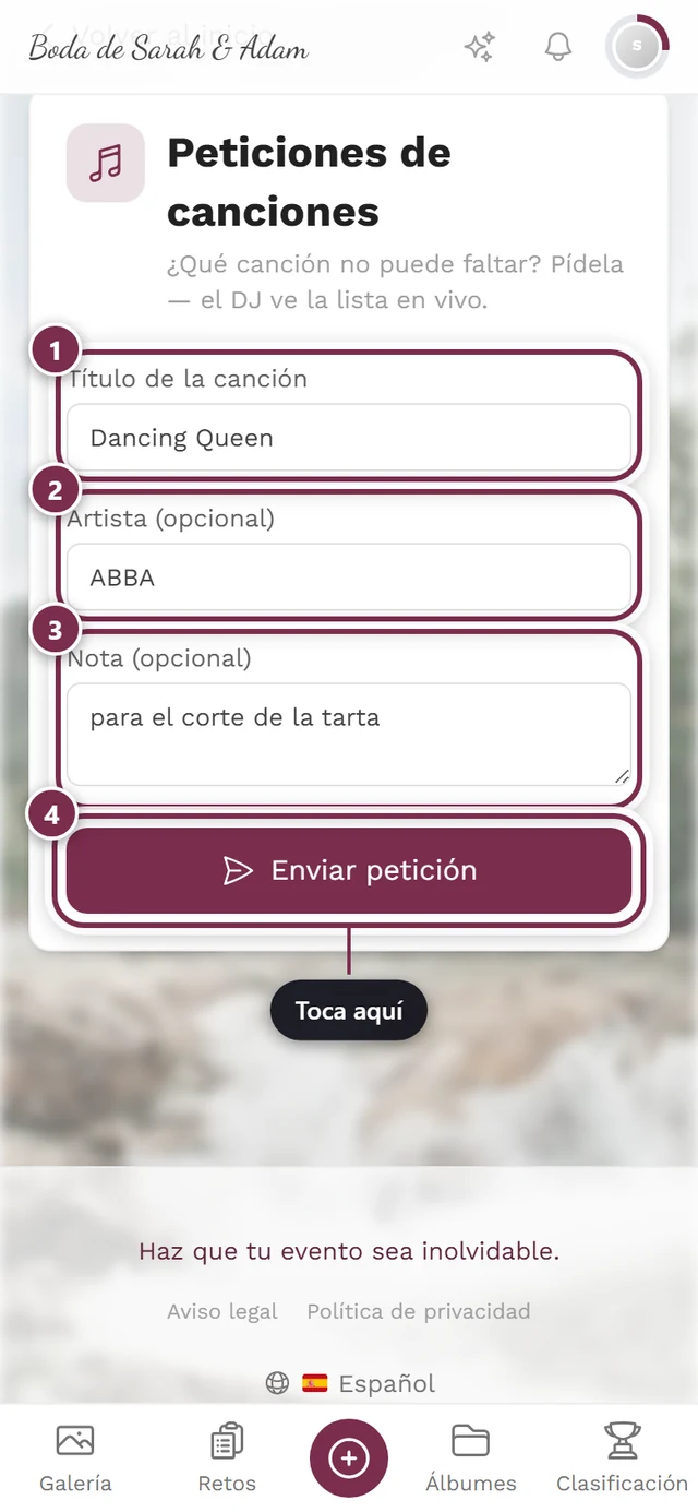 Formulario rellenado con Dancing Queen, ABBA y una nota, con el botón Enviar petición debajo