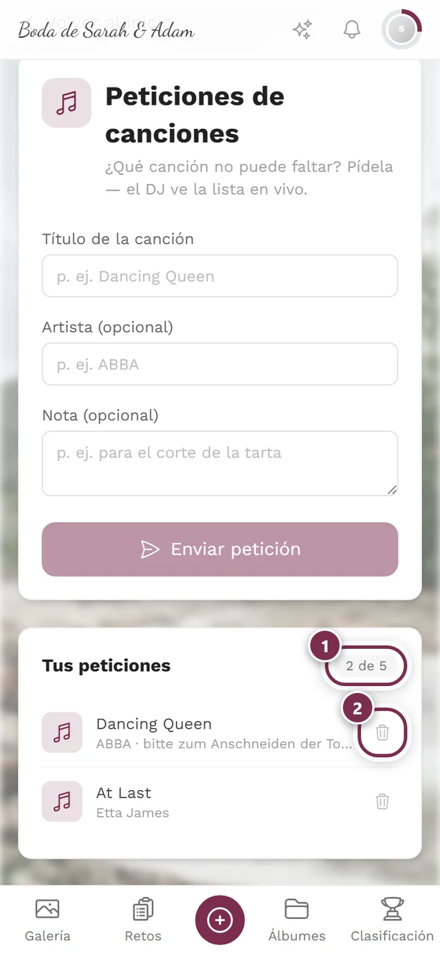Sección Tus peticiones con dos entradas, el contador 2 de 5 y los iconos de papelera