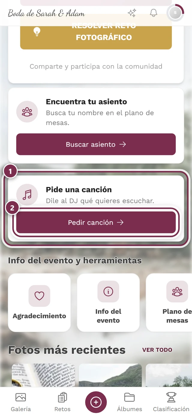 Página de inicio del evento con la tarjeta Pide una canción y el botón Pedir una canción
