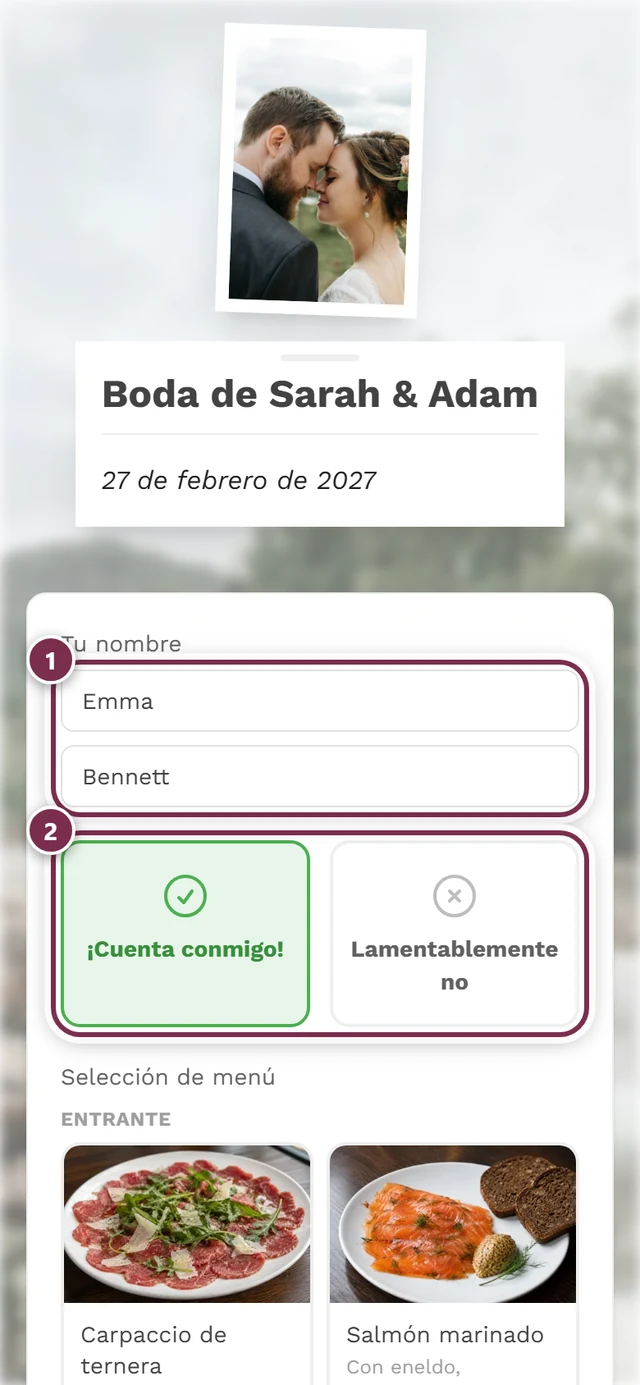 Vista clásica sin asistente, con los campos de nombre, las tarjetas de confirmación y el menú debajo