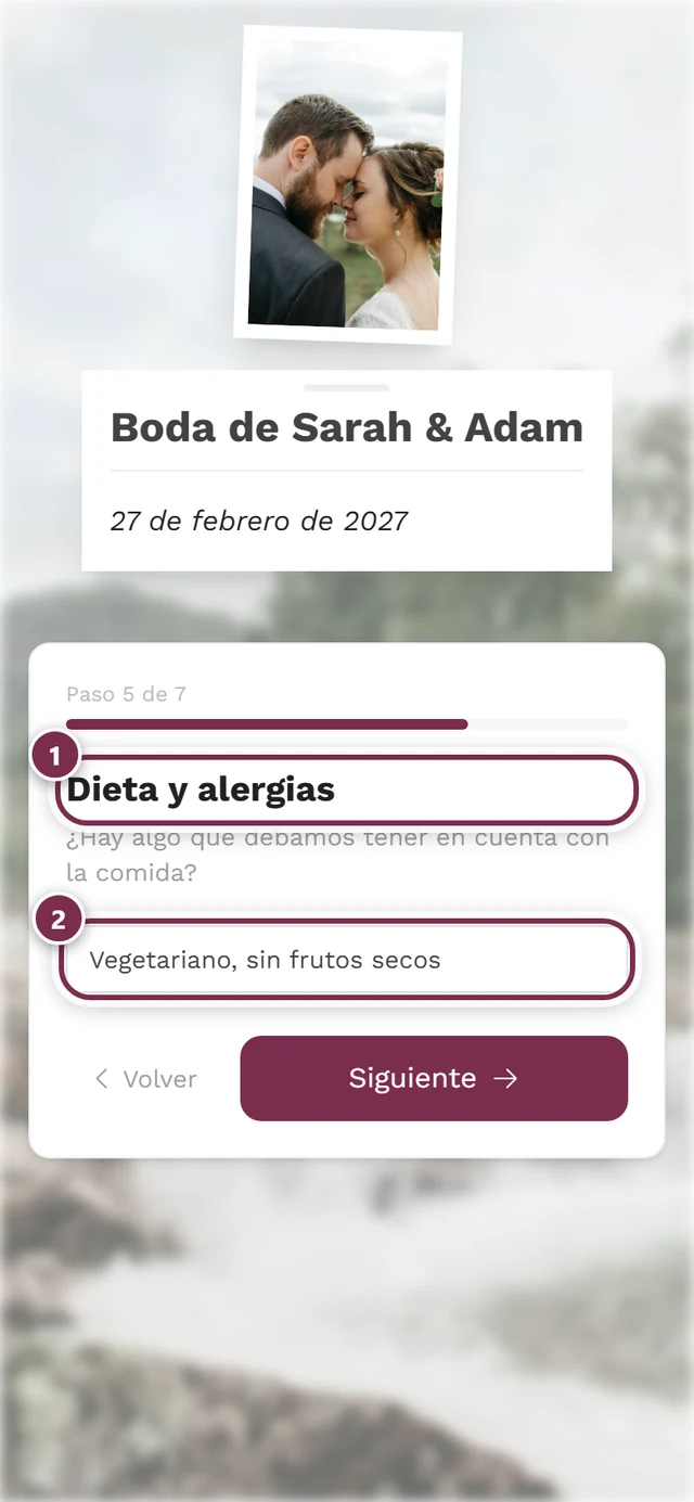 Paso Restricciones alimentarias con un campo de texto rellenado