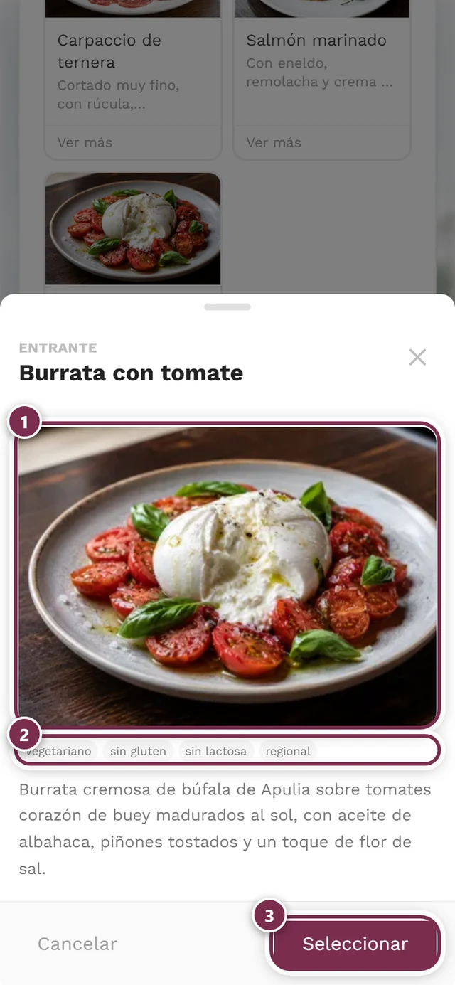Vista ampliada de un plato con foto, todos los avisos y el botón Seleccionar
