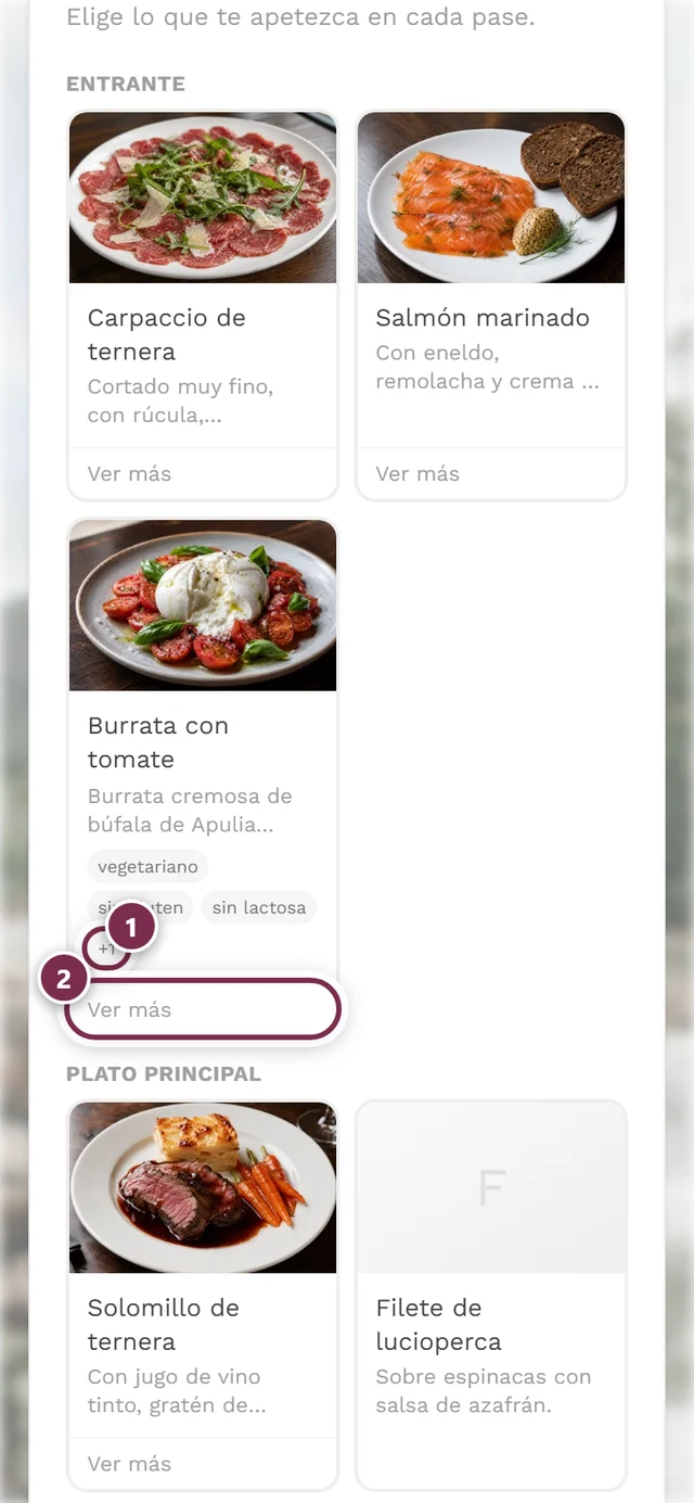 Tarjeta de plato con la etiqueta +1 entre los avisos y el botón Ver más