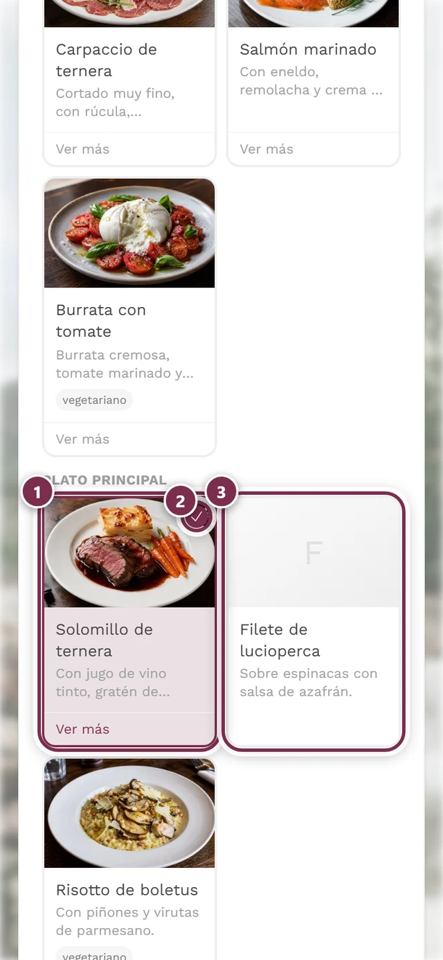 Plato principal con una opción seleccionada, con su marca, y otra opción sin seleccionar debajo