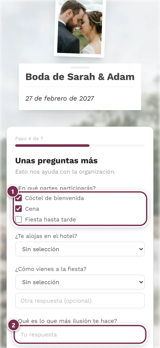 Selección múltiple con casillas marcadas y, debajo, una pregunta de texto libre