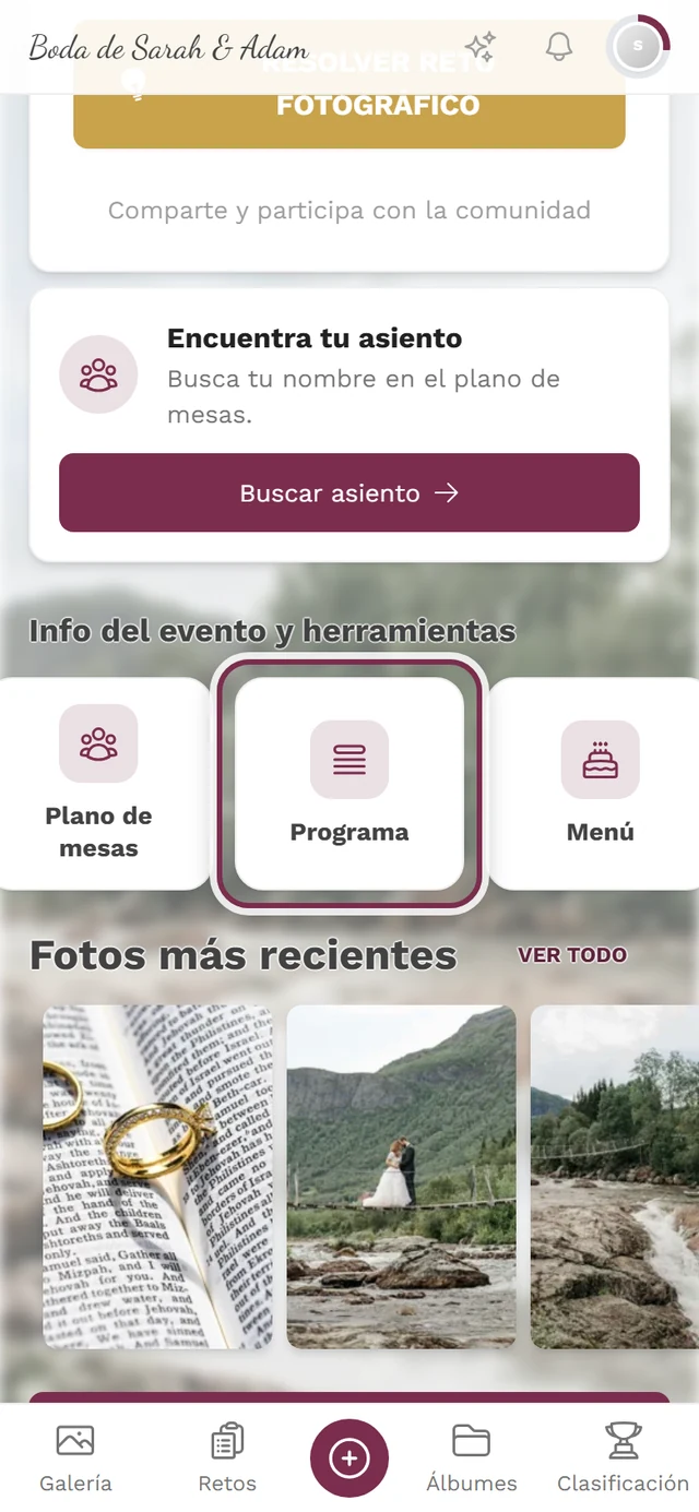Página de inicio del evento con el mosaico Programa resaltado en la barra de herramientas