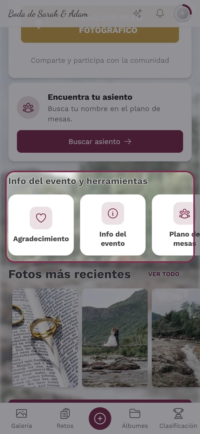 Página de inicio del evento con la barra de info del evento y herramientas