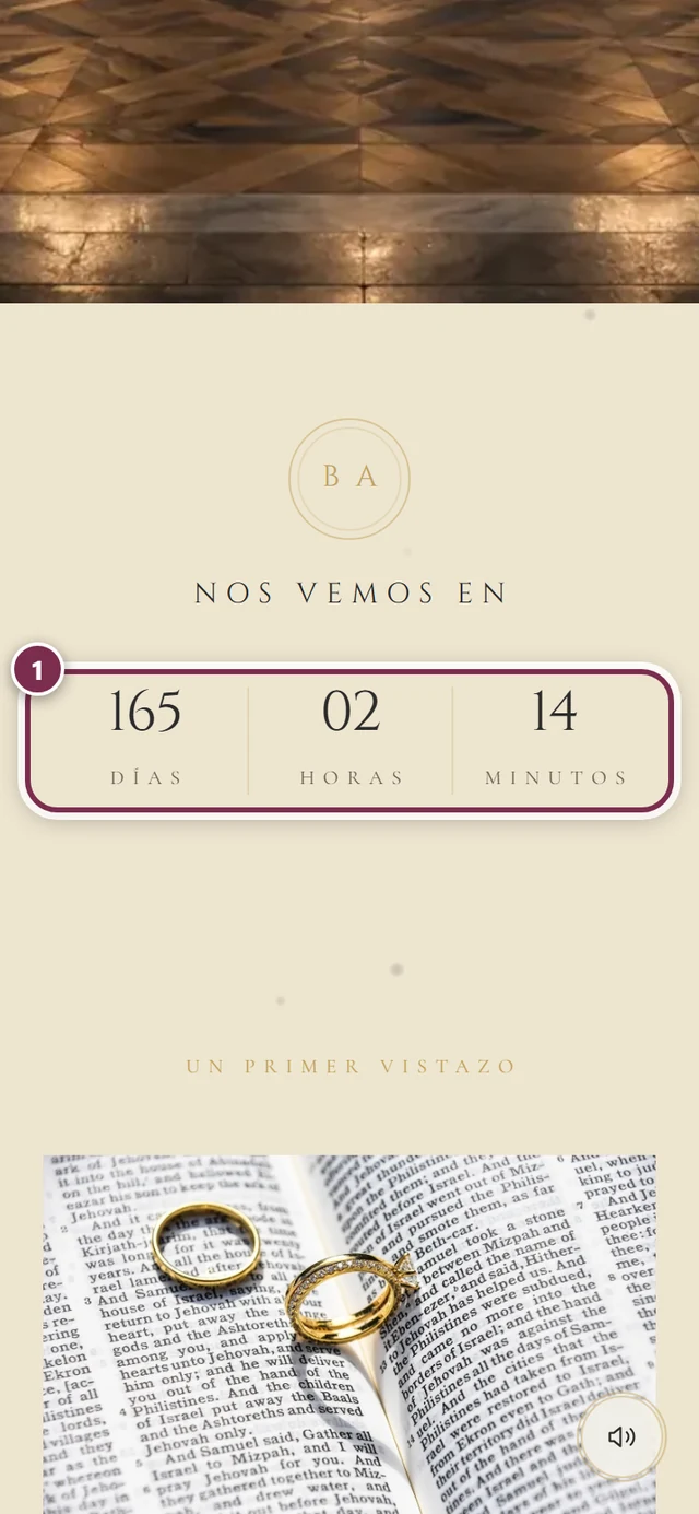 Sección de cuenta atrás de la invitación con el anillo alrededor de los campos numéricos de días, horas y minutos