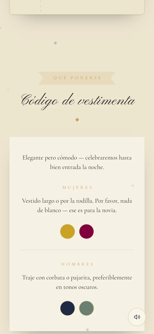 Sección Código de vestimenta con los grupos Señoras y Caballeros y dos círculos de color cada uno