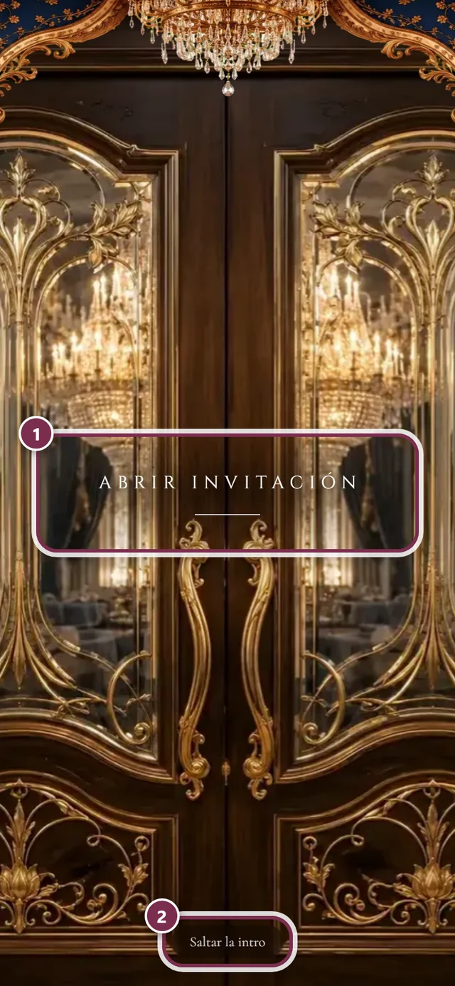Puerta cerrada con anillos numerados alrededor de Abrir invitación y Saltar la intro