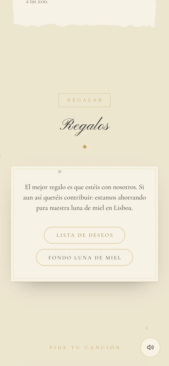 Sección Regalos con un texto y dos botones en forma de píldora, Lista de deseos y Bote de viaje