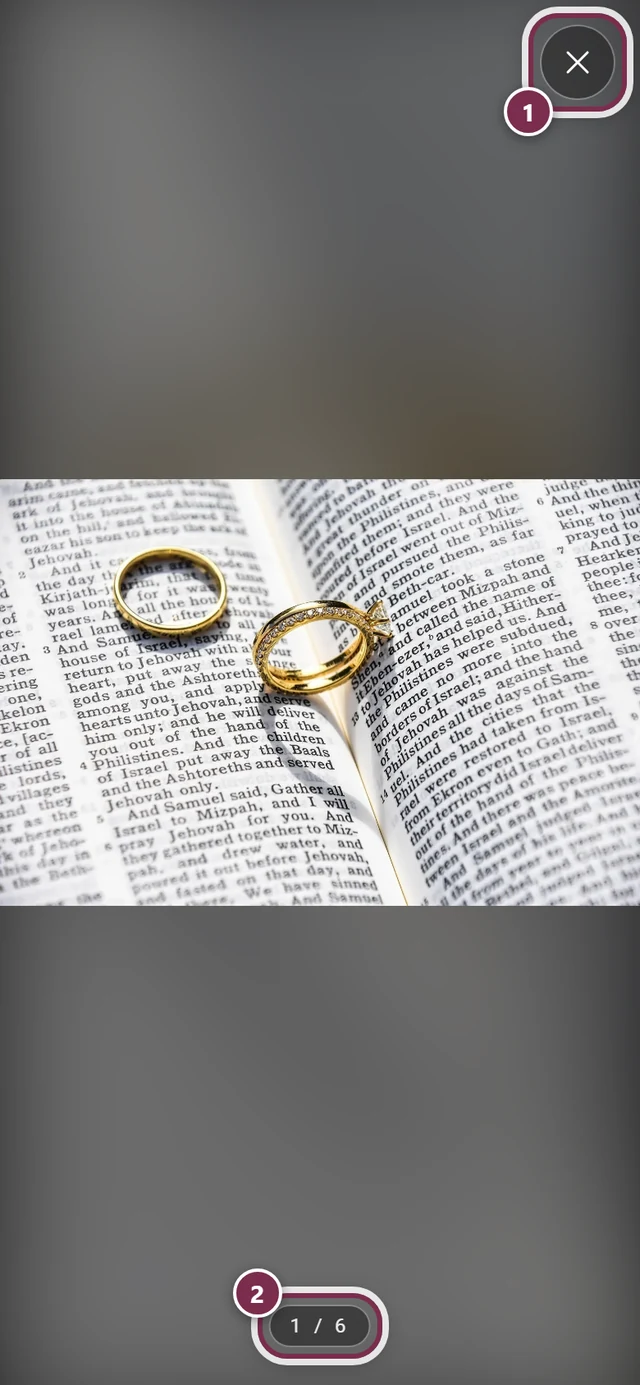 Foto a pantalla completa sobre la invitación con anillos alrededor de la cruz de cerrar y el contador de imágenes