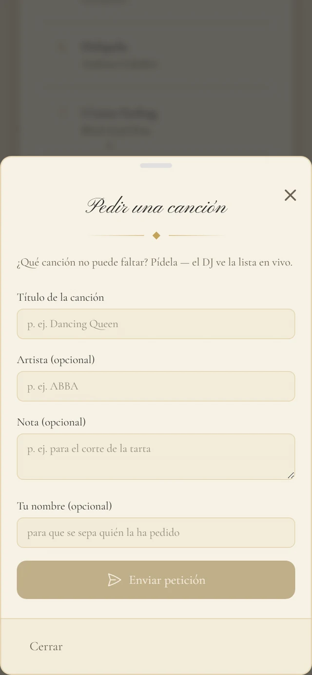 Ventana Pedir una canción en la invitación con los campos título de la canción, artista, nota y tu nombre