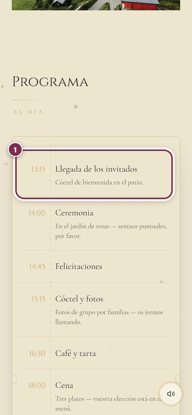 Sección Programa con una línea de tiempo y el anillo alrededor del primer punto del programa