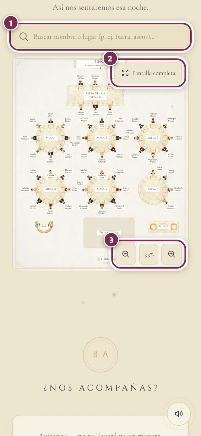 Plano de mesas incrustado en la invitación con anillos alrededor del campo de búsqueda, Pantalla completa y los botones de zoom