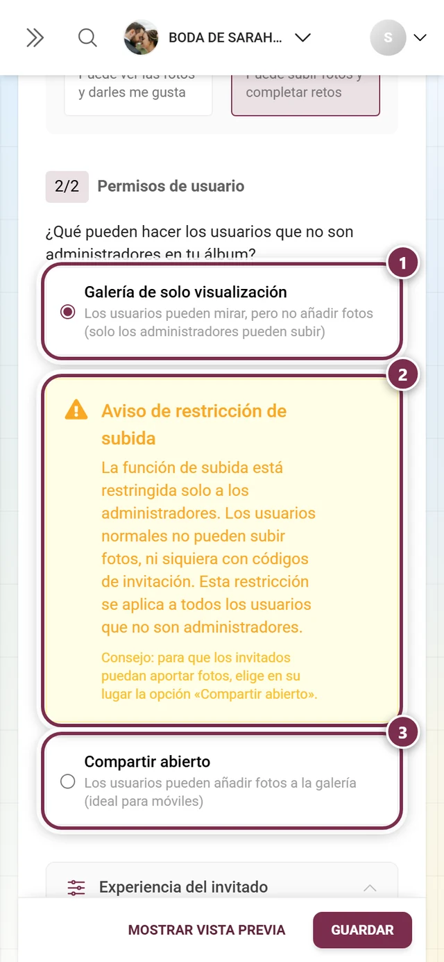 Sección Modo de galería con la opción Galería de solo visualización seleccionada y el aviso Todas las subidas de invitados están desactivadas