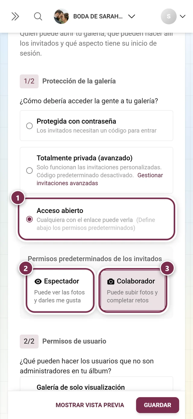 Protección de la galería con la opción Acceso abierto seleccionada y las opciones Espectador y Colaborador