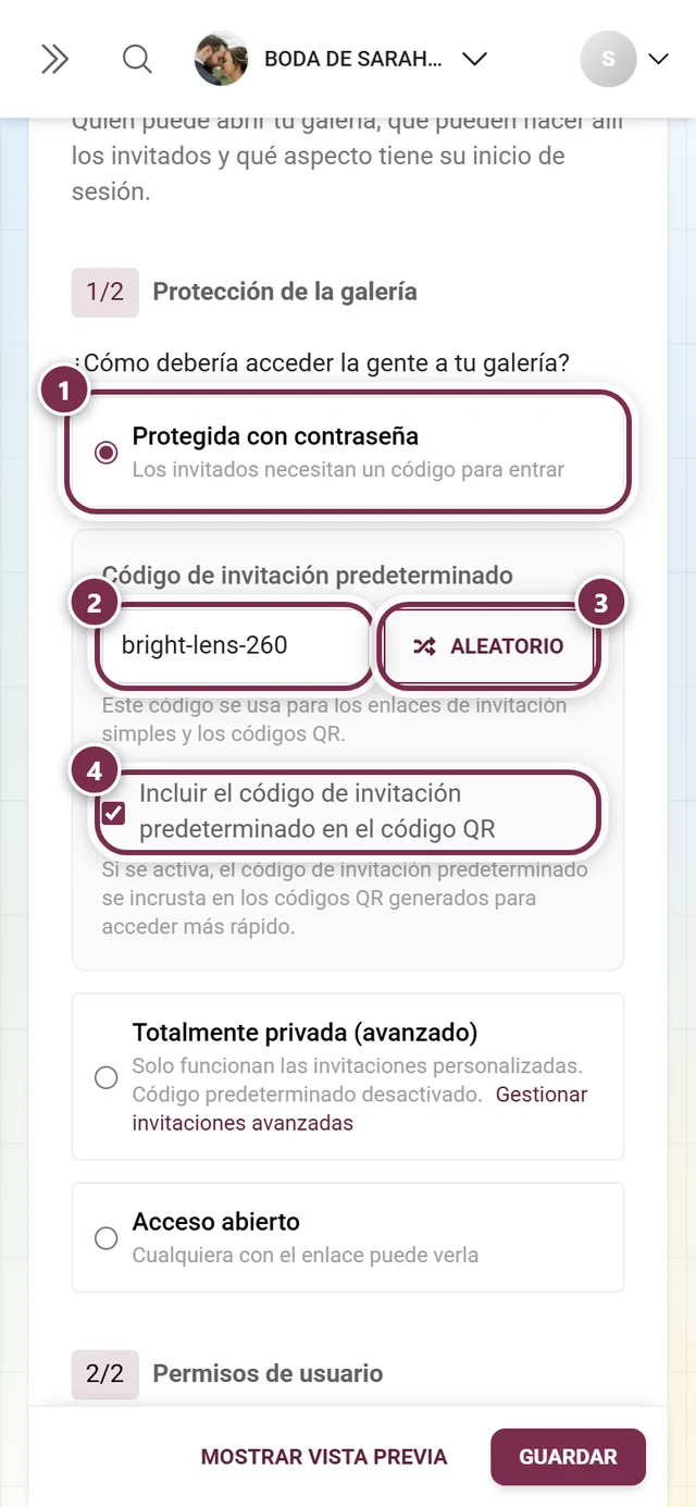 Protección de la galería con la opción Protegida con contraseña seleccionada, el campo Código de invitación predeterminado, el botón Aleatorio y la casilla del código QR
