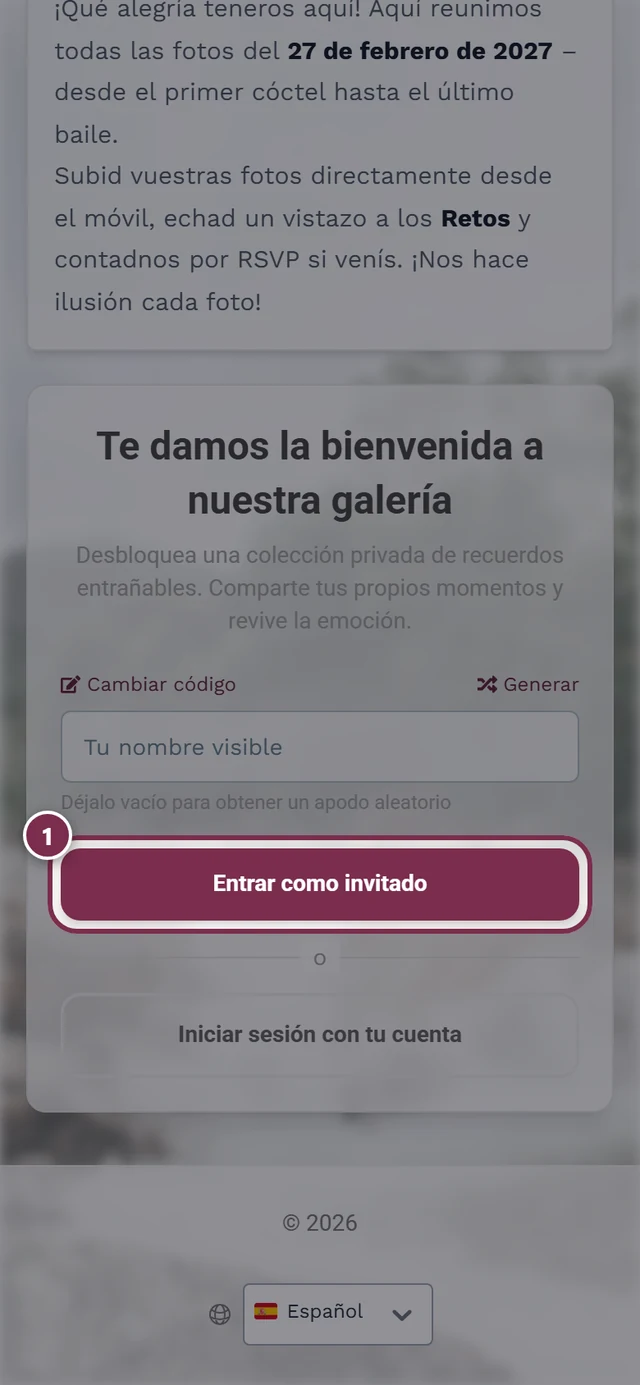 Campo Tu nombre con el botón Continuar a las fotos destacado