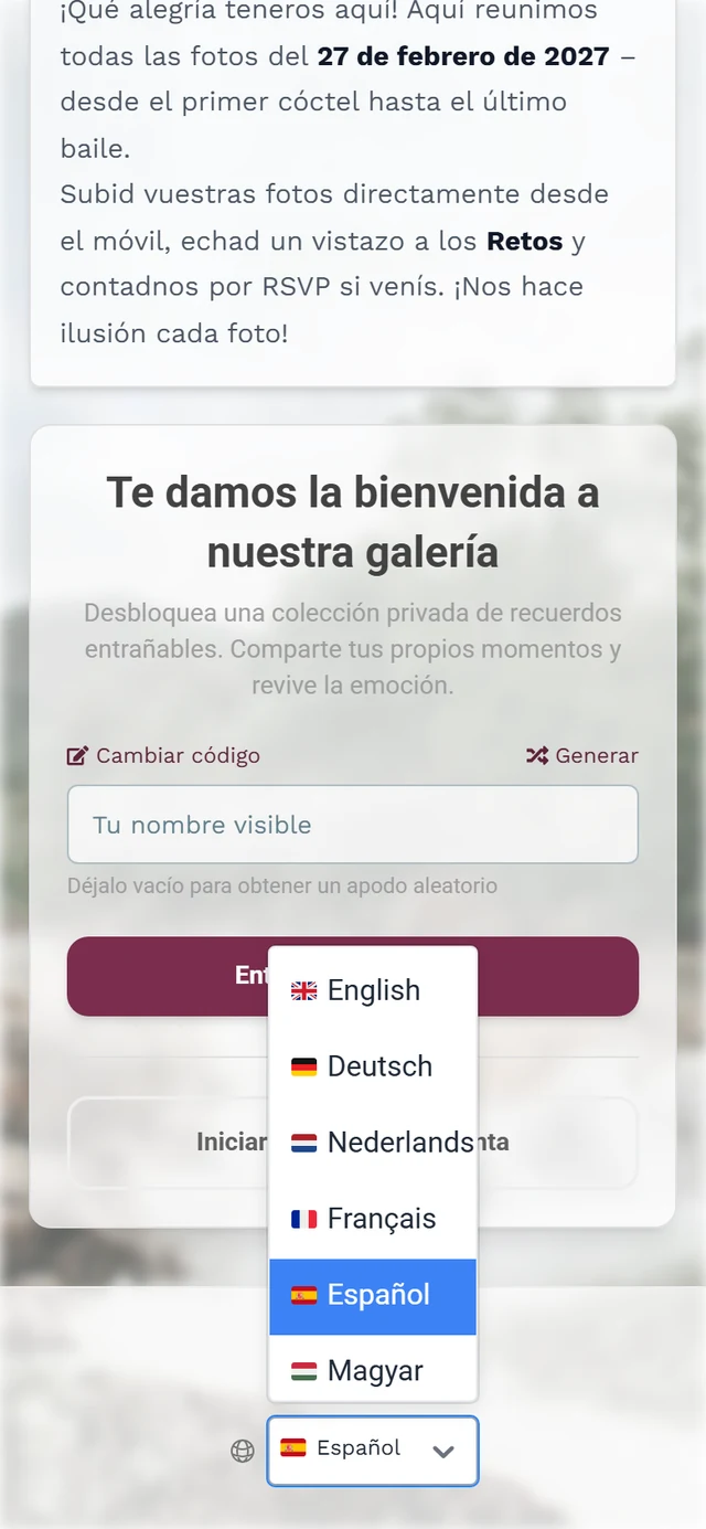 Pie de página de la pantalla de bienvenida con el icono del globo y la lista de idiomas desplegada