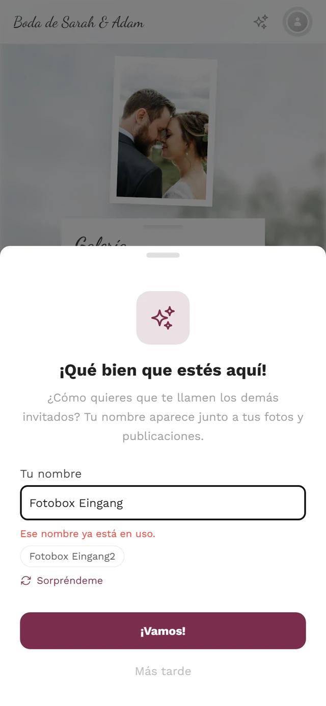 El mismo diálogo con el aviso en rojo Ese nombre ya está en uso y la sugerencia Cabina Entrada2 debajo