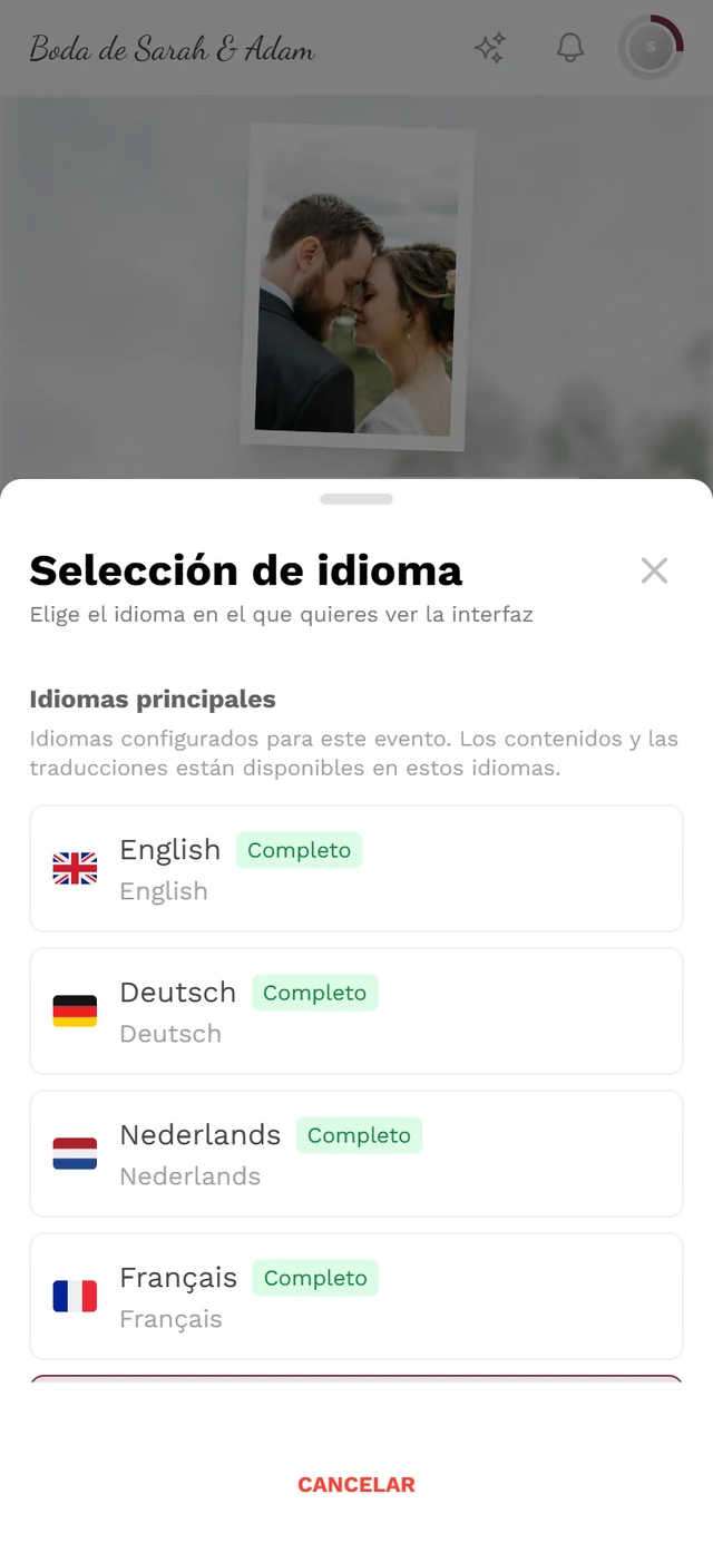 Diálogo Selección de idioma con idiomas principales, insignias Completo y una marca de verificación en el idioma activo