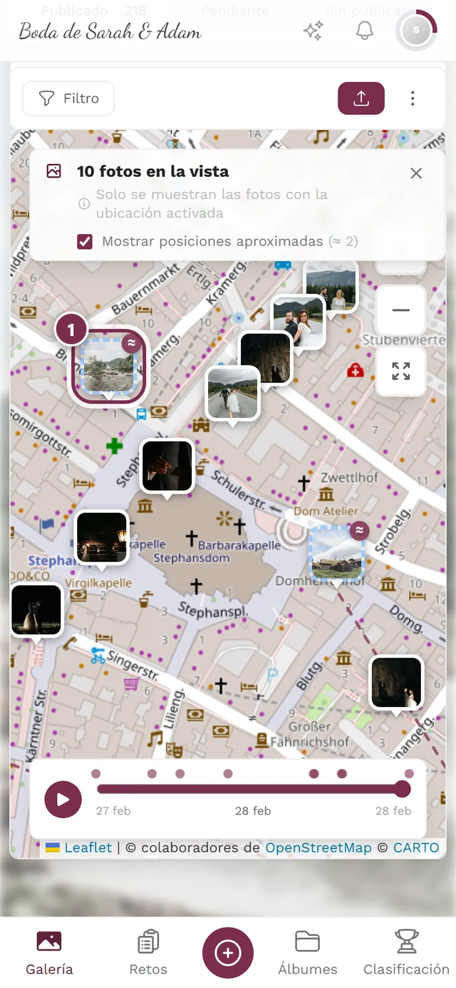 Mapa ampliado con un marcador de foto resaltado con borde discontinuo e insignia ≈
