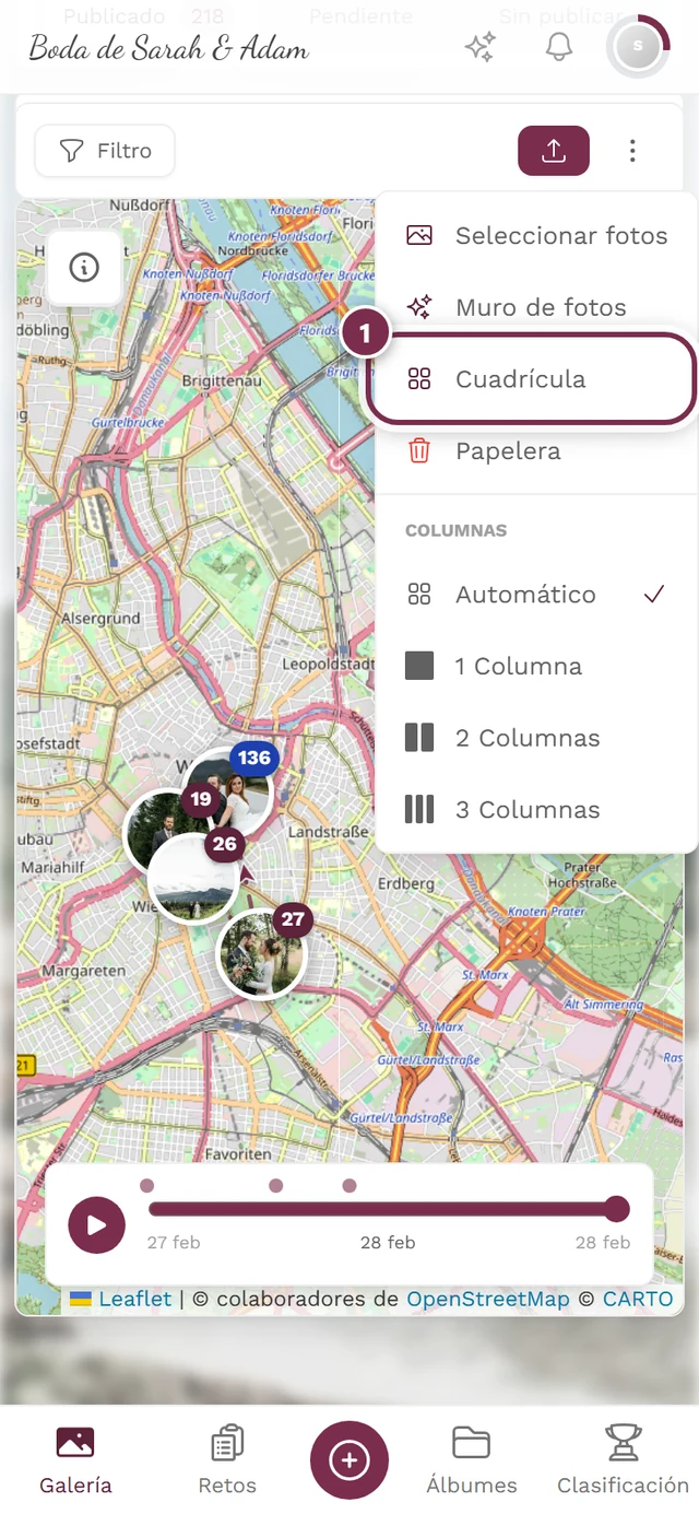 Vista de mapa con el botón Cuadrícula resaltado