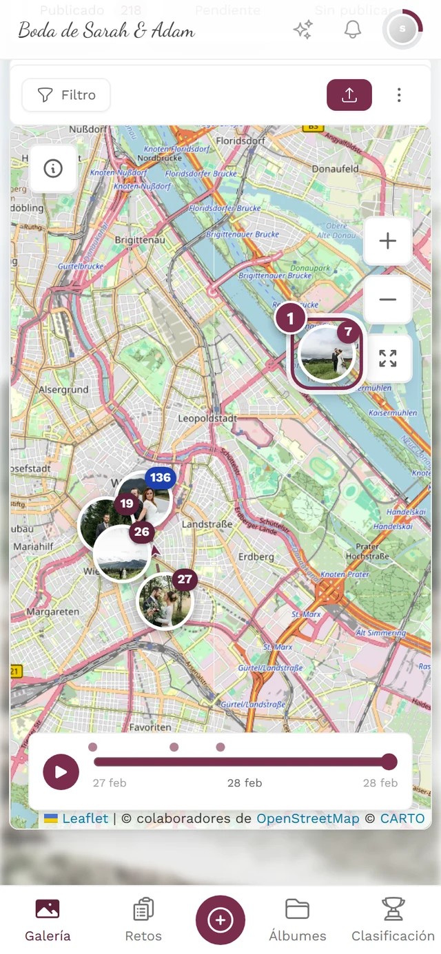 Mapa con varios grupos de fotos, uno de ellos resaltado