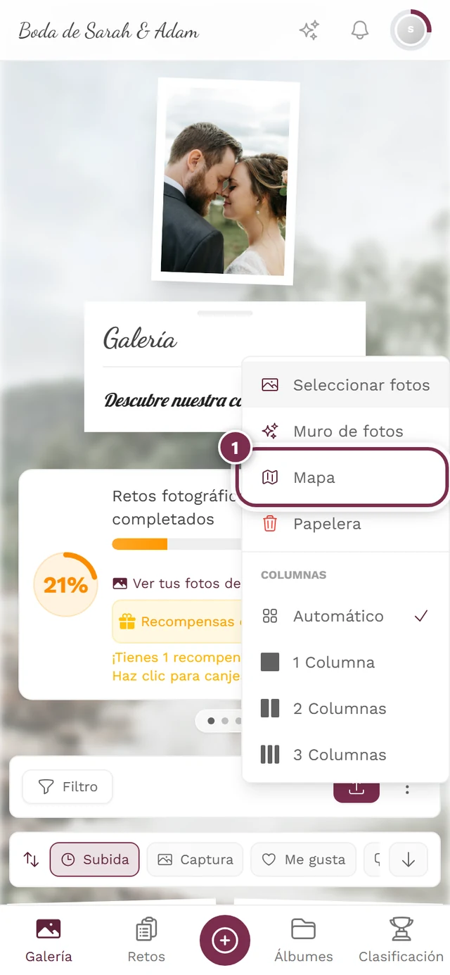 Menú de tres puntos abierto en la galería con la opción Mapa resaltada