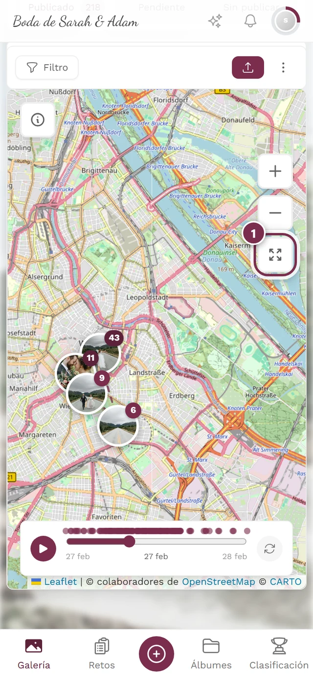 Mapa con el control deslizante llevado a un tercio y la flecha circular resaltada
