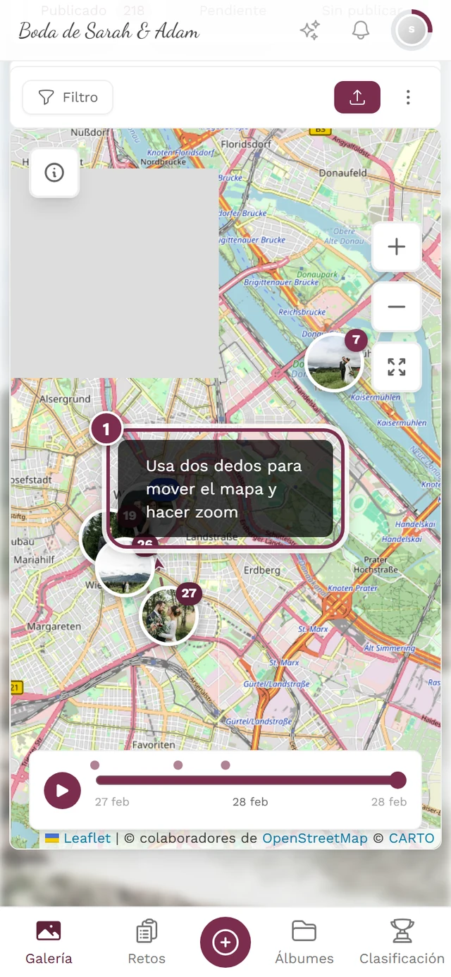 Mapa en el móvil con el aviso Usa dos dedos visible