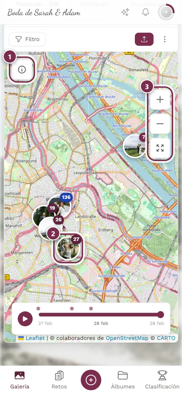 Vista de mapa con tres marcas: información, grupo de fotos, zoom