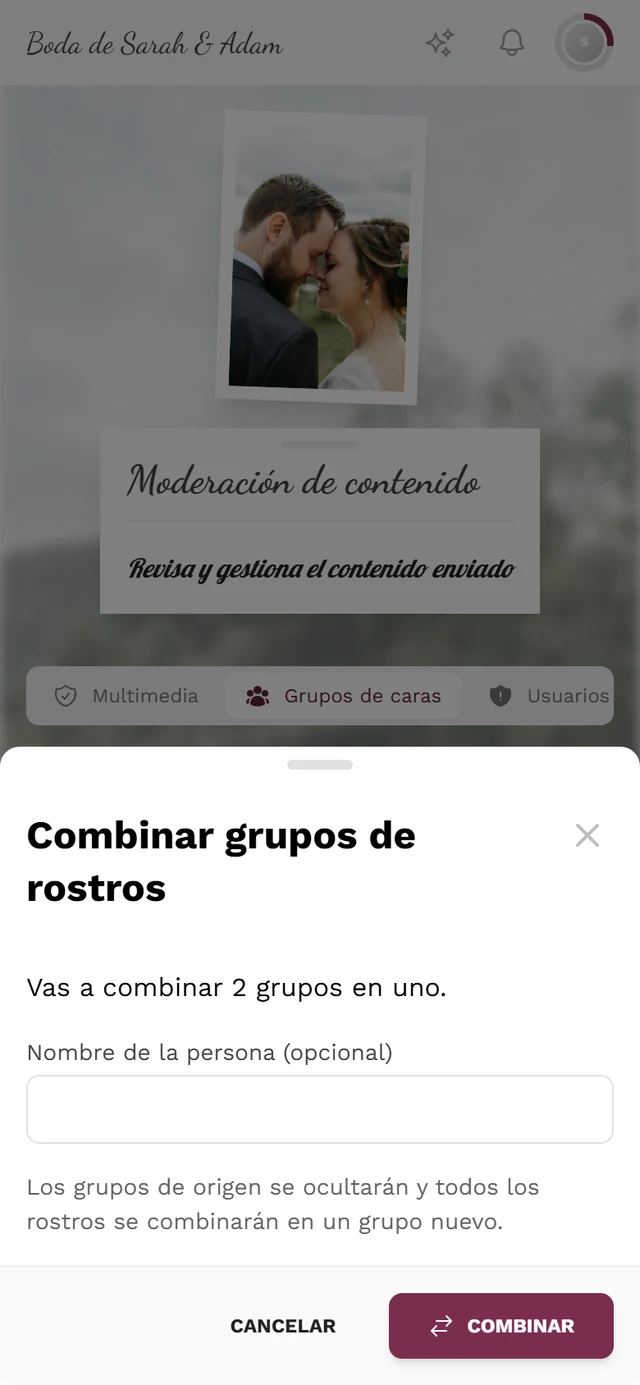 Diálogo Combinar grupos de rostros con el número de grupos, el campo Nombre de la persona (opcional) y los botones Cancelar y Combinar