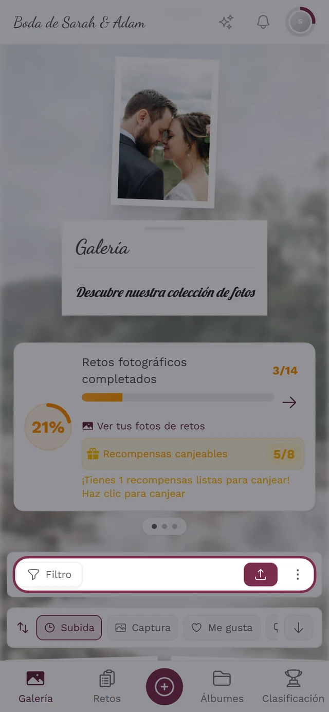 Barra de herramientas de la galería con Filtro, Subir, Seleccionar, Muro de fotos y Mapa