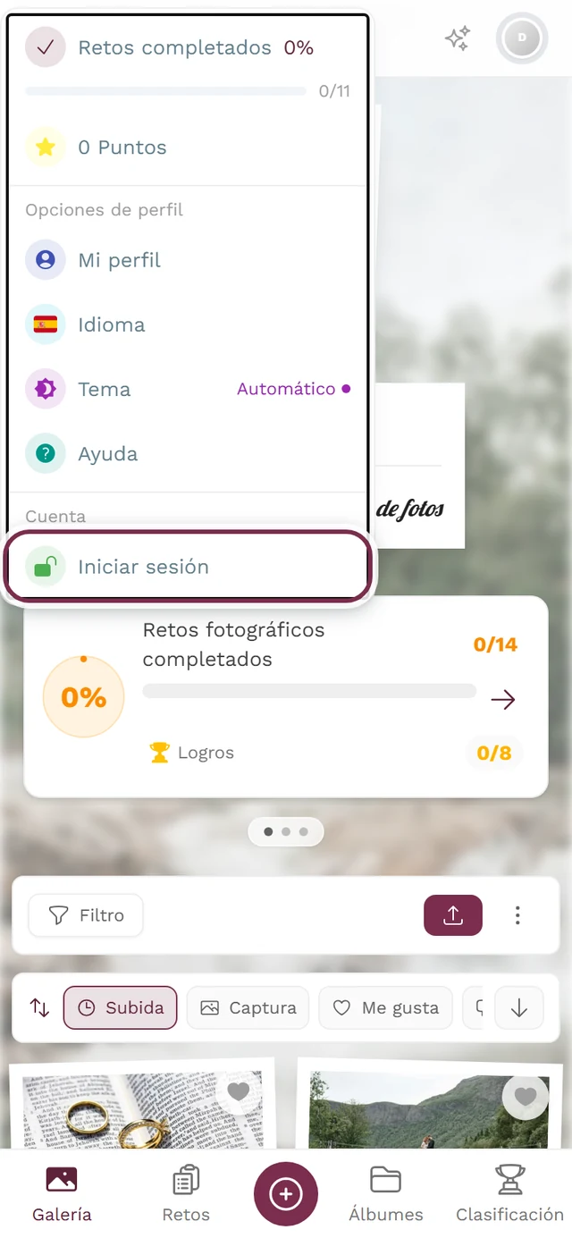 Menú de perfil abierto arriba a la derecha con la entrada Iniciar sesión resaltada