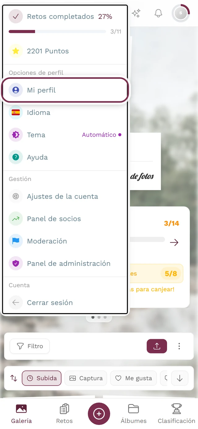 Menú de perfil abierto arriba a la derecha con la entrada Mi perfil marcada