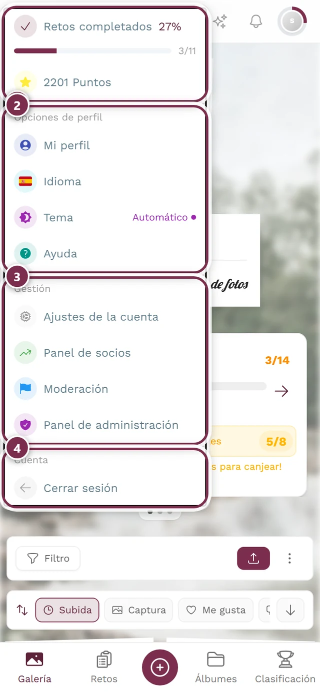 Menú de perfil arriba a la derecha con la sección Gestión y Panel de administración