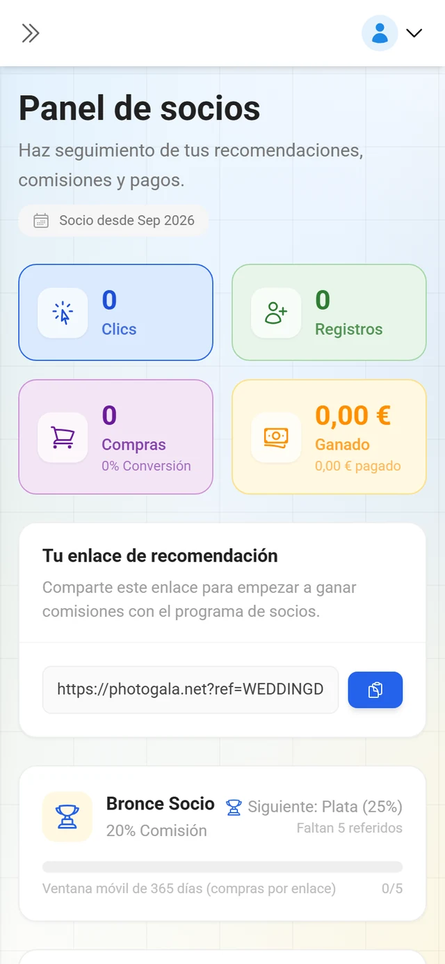 Panel de afiliado con indicadores y enlace de recomendación