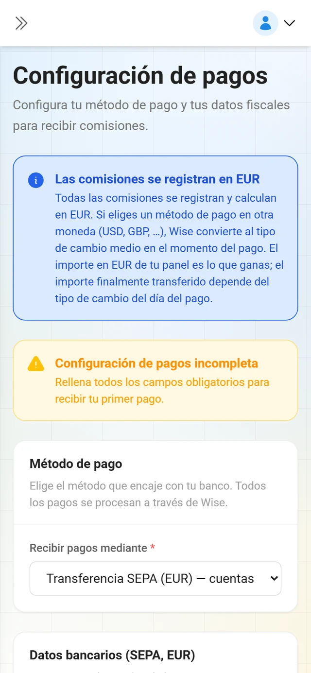 Ajustes de pago y datos fiscales en el portal de socios