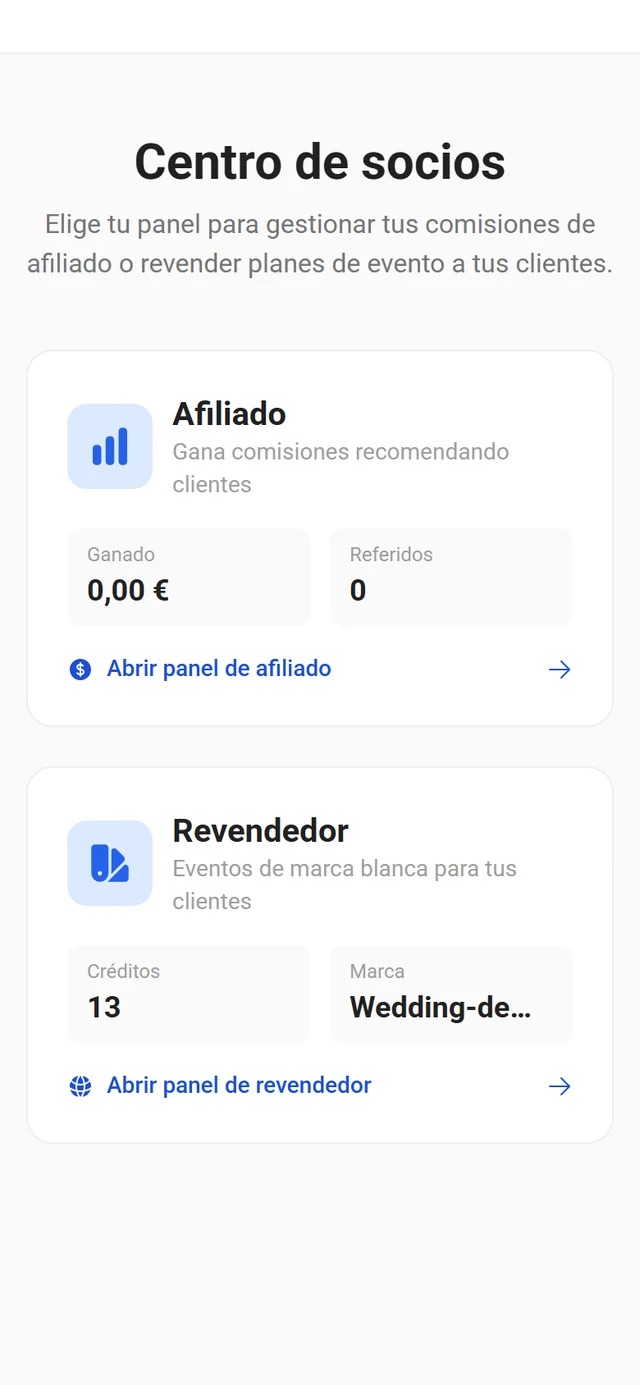 Portal de socios con la opción de elegir entre afiliado y revendedor