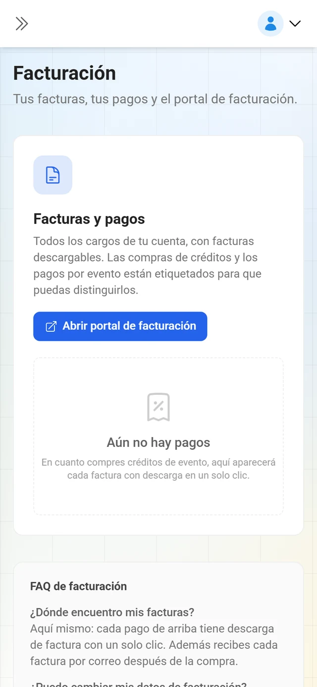 Página de facturación con la lista de facturas y pagos